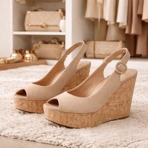 Veronica Beard Suede Slingback Cork Platform Wedge Sandals Nude Size 8